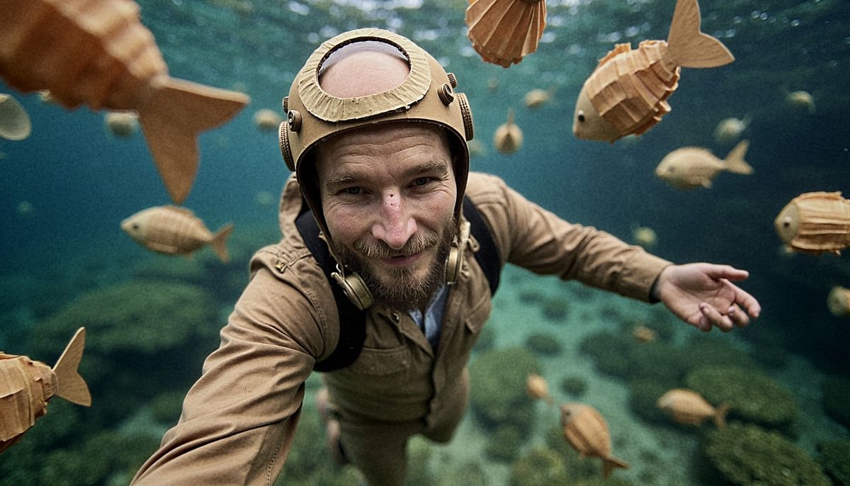 Finn-Ole Heinrich mit Taucherhelm unter Wasser, um ihn herum Fische aus Pappe. (Bildwelt, mit KI gestaltet)