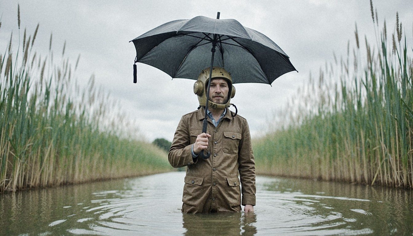 Finn-Ole Heinrich mit Fliegerhaube und Regenschirm, bis zur Hüfte im Wasser zwischen Schilf. (Bildwelt, mit KI gestaltet)